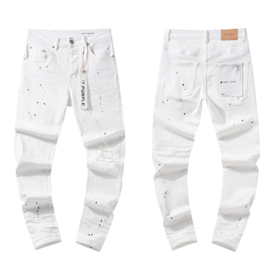 White Slim Denim Jeans with Black Paint Splatter and Light Distressing